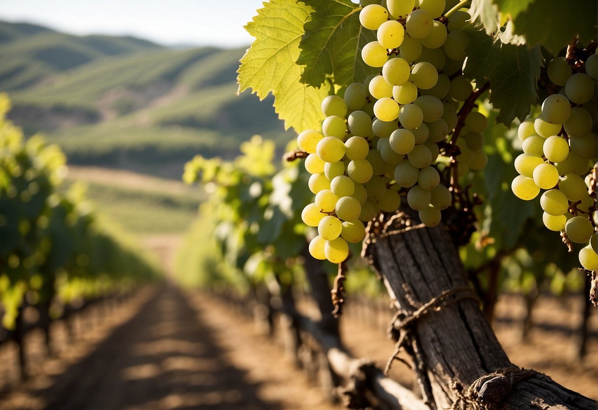 Vineyard with rolling hills, grapevines, and a rustic winery in the background. Sunlight illuminates the rows of white wine grapes, creating a picturesque scene