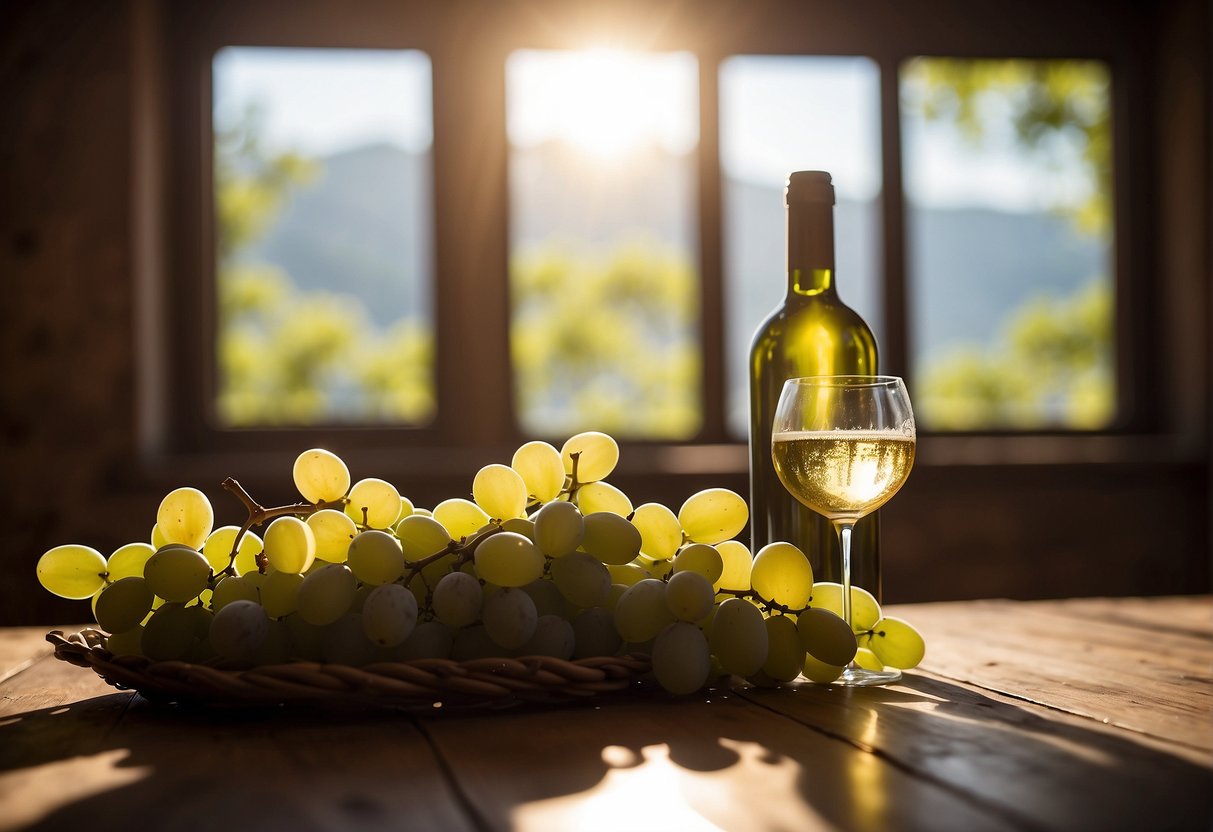 A bottle of dry white wine sits on a rustic wooden table, surrounded by a scattering of grape vines and a soft glow of sunlight filtering through a nearby window
