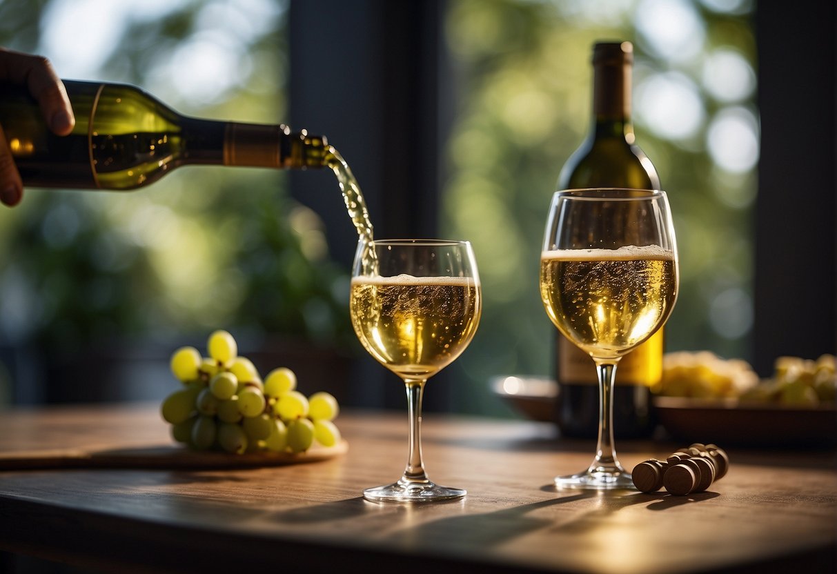 A hand reaches for a bottle of dry white wine, pouring it into a glass. The glass sits on a table with a wine bottle and a corkscrew