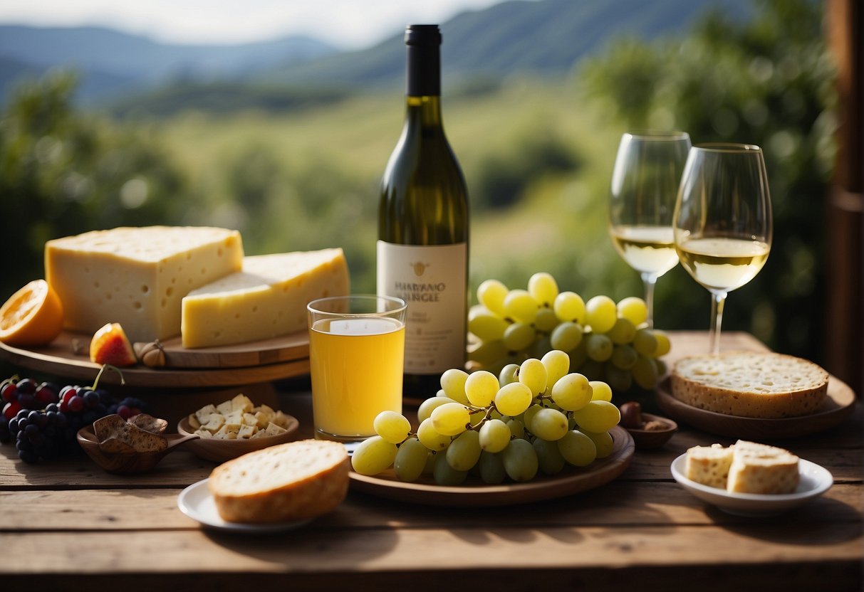 A bottle of dry white wine sits on a table next to a platter of assorted cheeses and fruits, ready to be paired and enjoyed