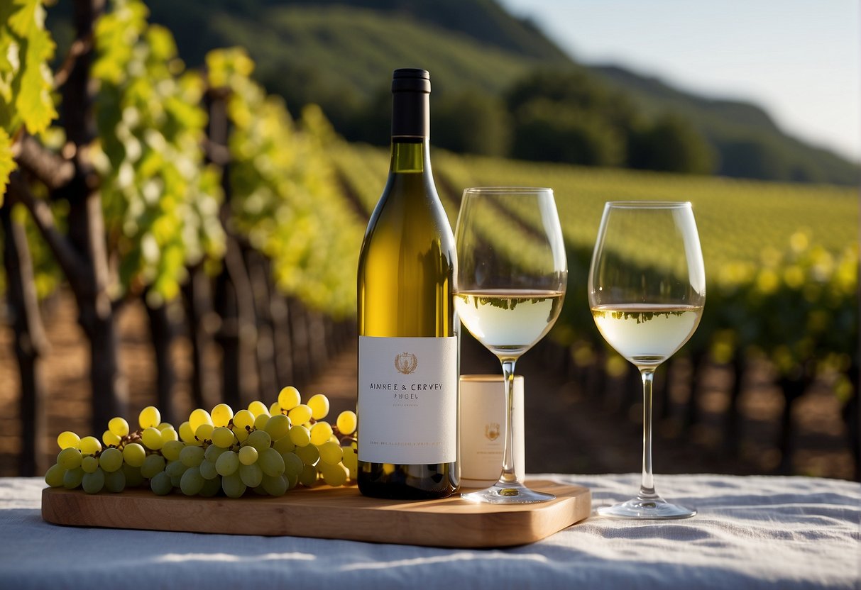 A table set with glasses of Chardonnay, Sauvignon Blanc, and Pinot Grigio bottles in the background. A vineyard or wine cellar in the distance