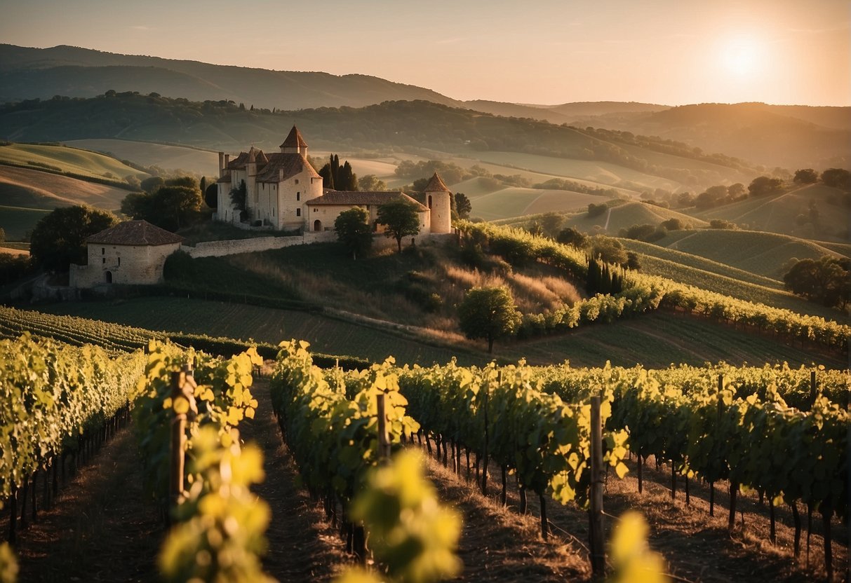 Vineyards sprawl across rolling hills in France's famous wine regions. The sun sets behind chateau and rustic stone buildings