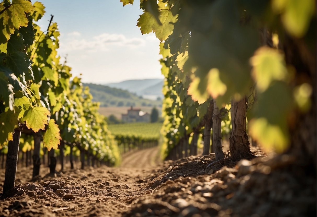 Vineyards sprawl across rolling hills, with chateaus and quaint villages dotting the landscape. Rows of grapevines stretch out under the warm sun, creating a picturesque scene of French wine country