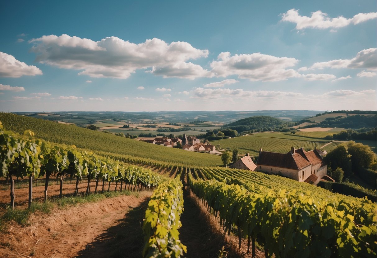 Rolling hills of vineyards in Burgundy, with charming chateaus and quaint villages nestled among the vines