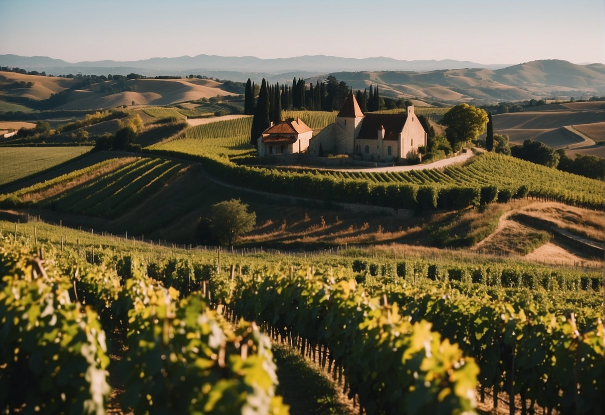 Vineyards stretch across rolling hills, with chateaus nestled amidst the grapevines. A winery's cellar door welcomes visitors, while workers tend to the vines