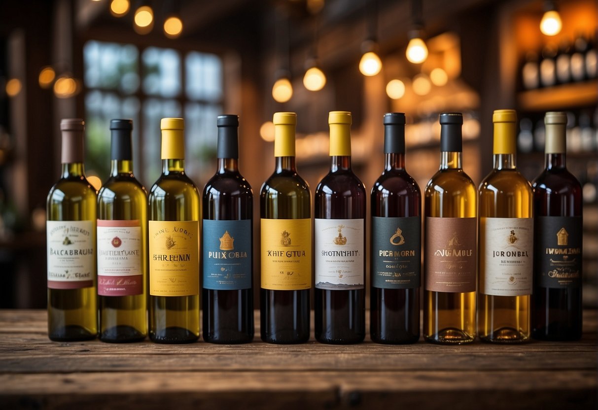 A variety of sweet wine types displayed on a rustic wooden table. Glass bottles and colorful labels create an inviting scene for an illustrator to recreate
