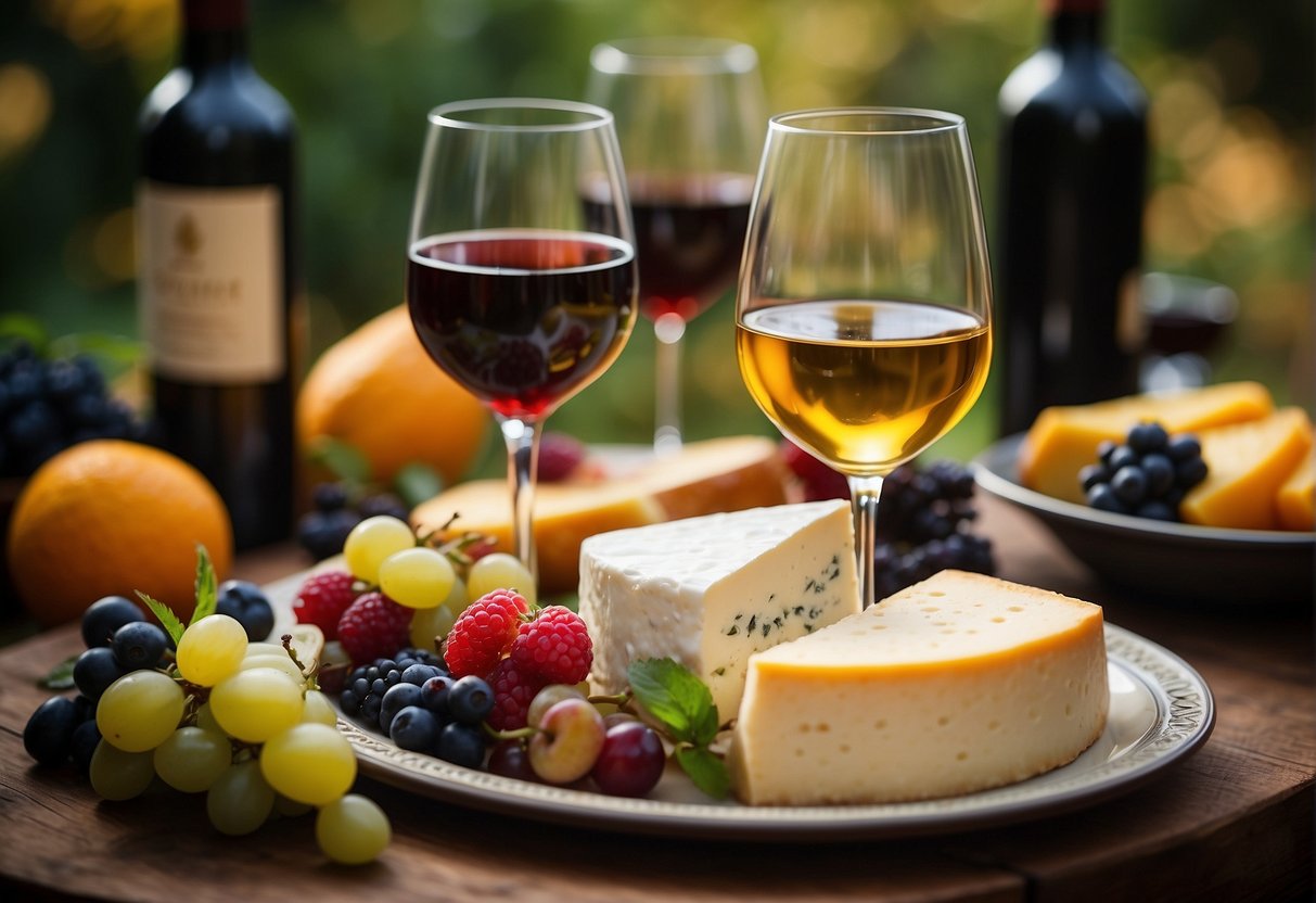 A table set with a variety of sweet wines and their perfect food pairings, such as creamy cheeses, ripe fruits, and decadent desserts