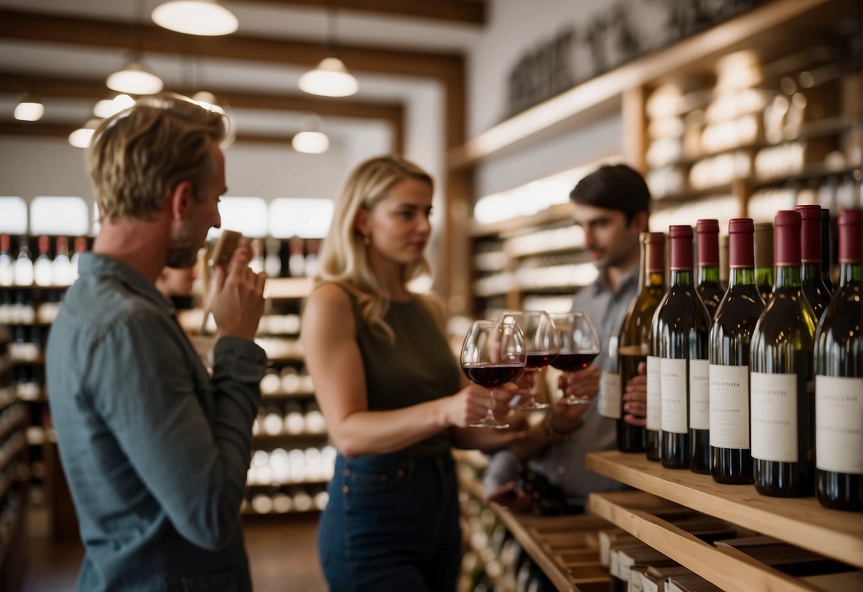 Customers explore wine shop, examining labels for sweetness levels. Bottles of red, white, and rosé line shelves, categorized by sweetness. Tasting notes and descriptions accompany each selection