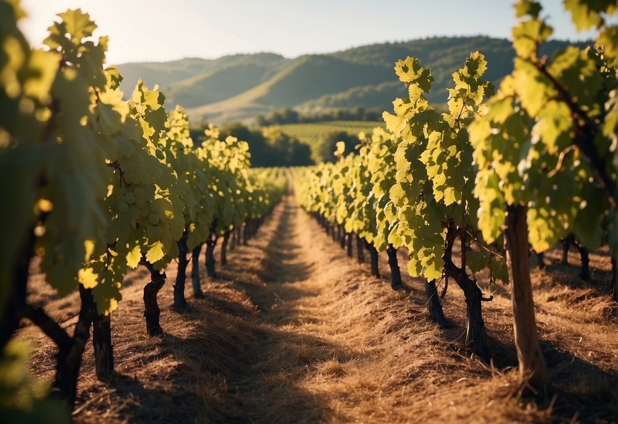 Vineyards in popular sweet wine regions, with ripe grapes on the vines and a warm, sunny atmosphere