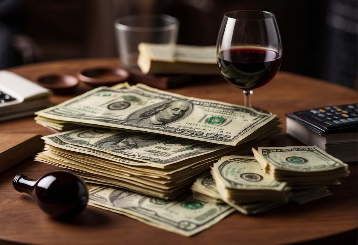 A table with wine bottles, financial charts, and a stack of money. A person reading a wine investing guide