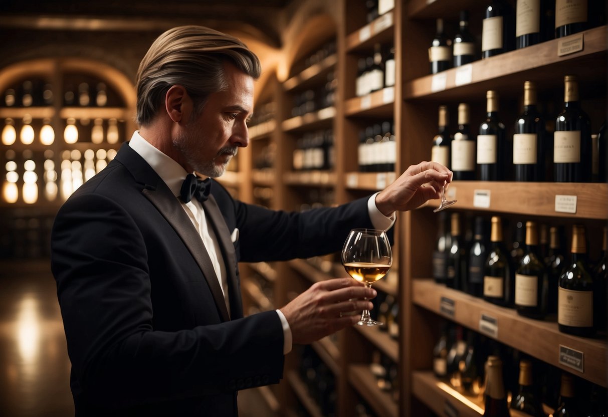 A sommelier carefully selects rare and valuable bottles from a well-stocked wine cellar, surrounded by luxurious oak barrels and elegant glassware