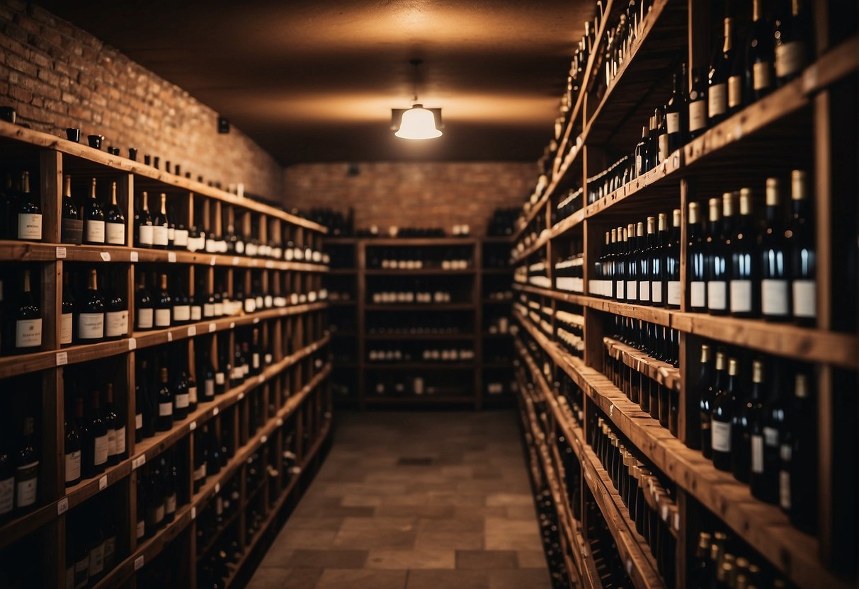 A cellar filled with rows of wine bottles, organized by region and vintage, with a temperature-controlled environment for long-term storage