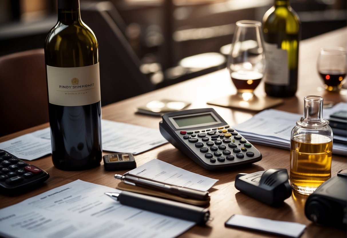 A table with various bottles of wine, a stack of financial reports, and a calculator. A person is carefully examining the labels and comparing numbers