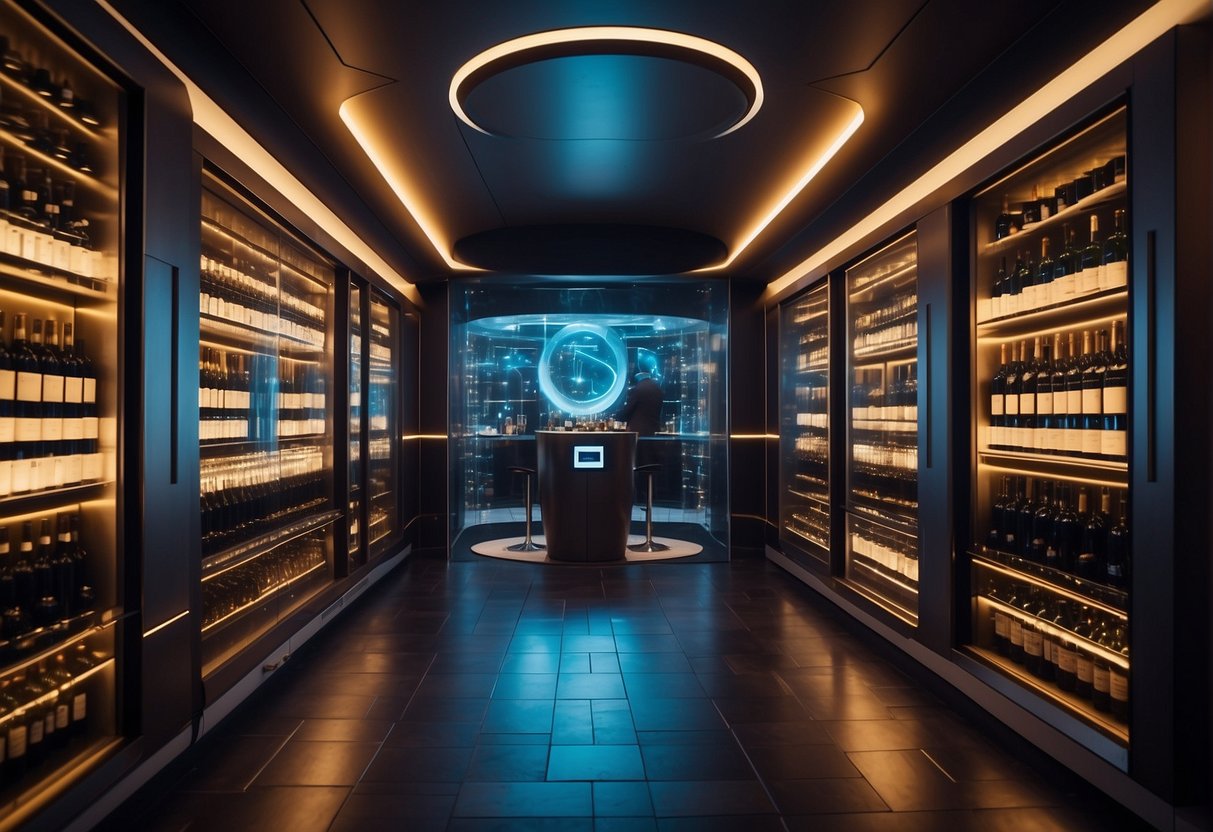 A futuristic wine cellar with holographic investment charts and robotic wine caretakers