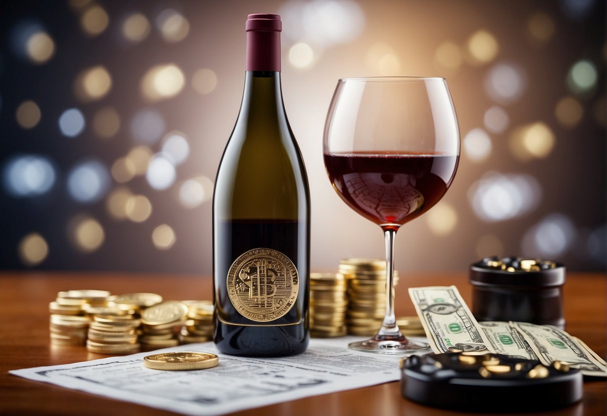 A bottle of wine surrounded by financial symbols and charts, with a scale balancing wine against stocks, real estate, and gold