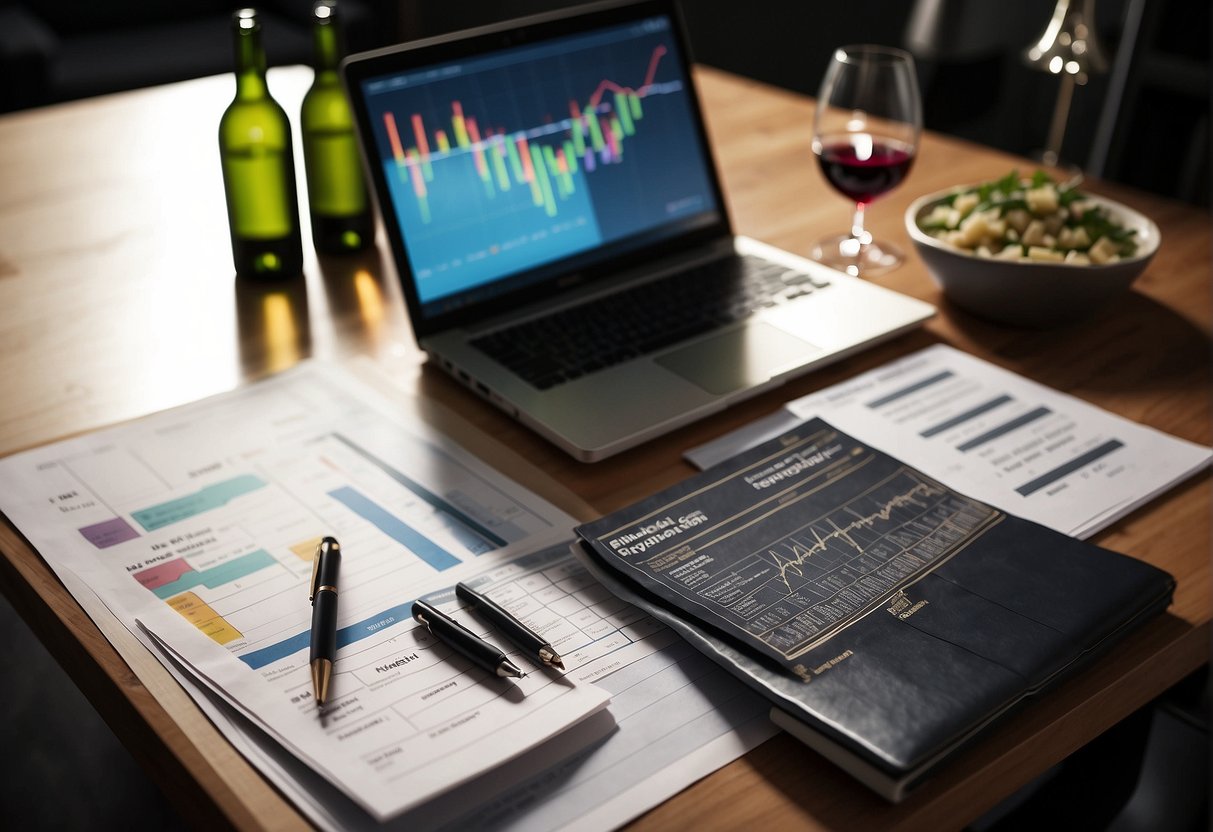 A table with a laptop, wine bottles, and financial charts. A person analyzing data and making notes