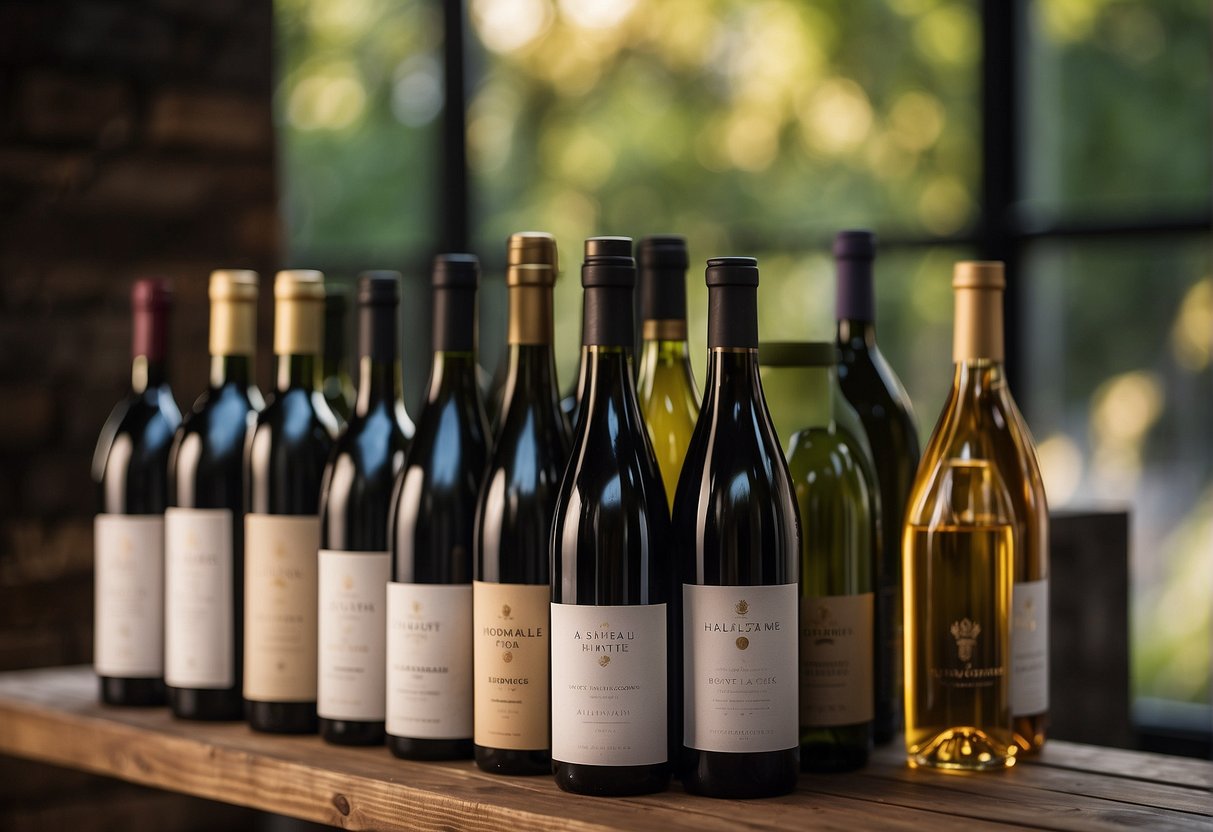 A collection of wine bottles arranged on a wooden shelf, with a price list and investment statistics displayed nearby