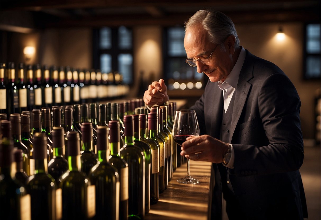 A wine cellar with rows of aging bottles, a sommelier tasting and inspecting a glass of red wine, and a stock market graph showing wine investment growth