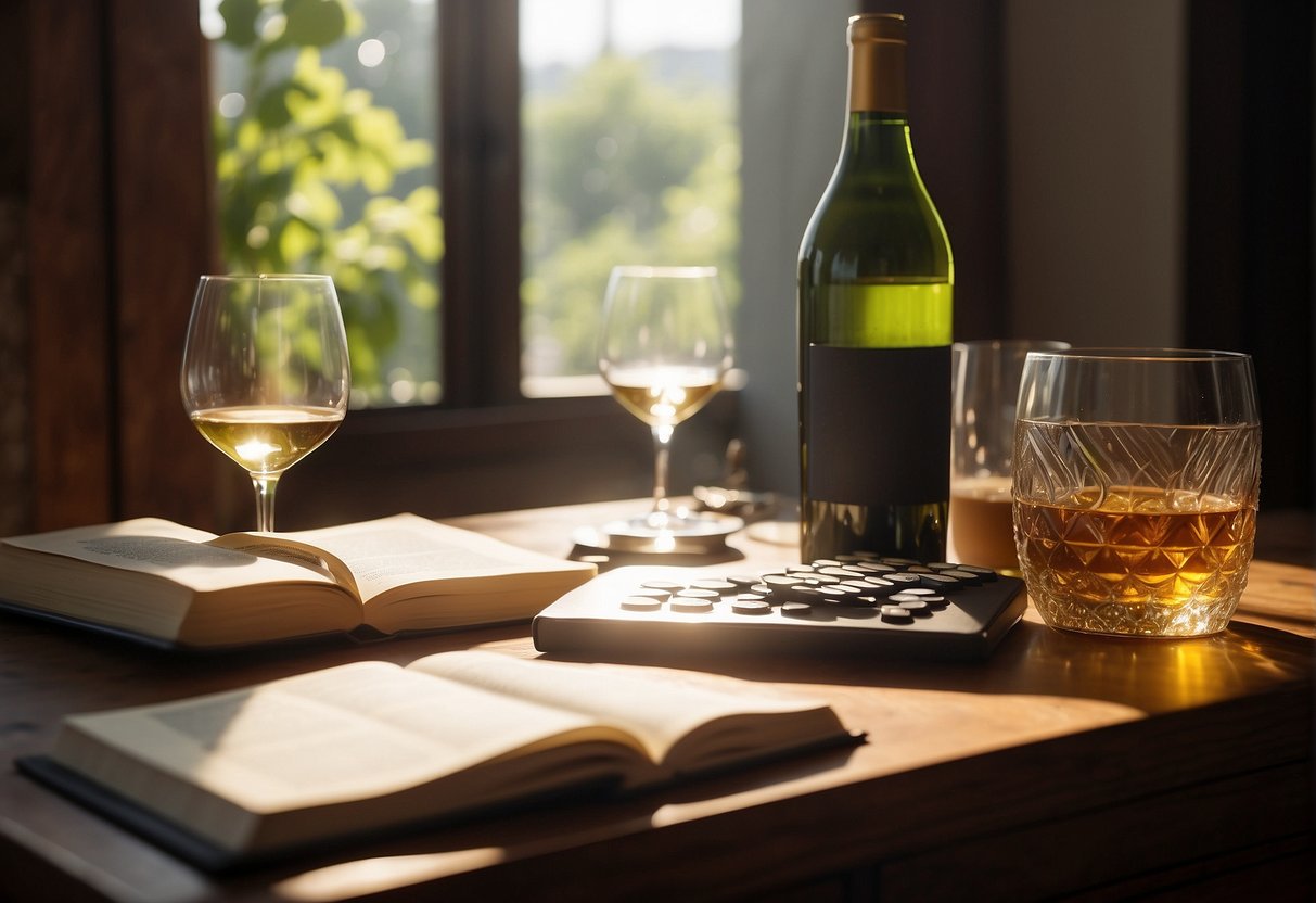 A table with various wine bottles, glasses, and investment books. A calculator and notepad sit nearby. Sunlight streams in through a window