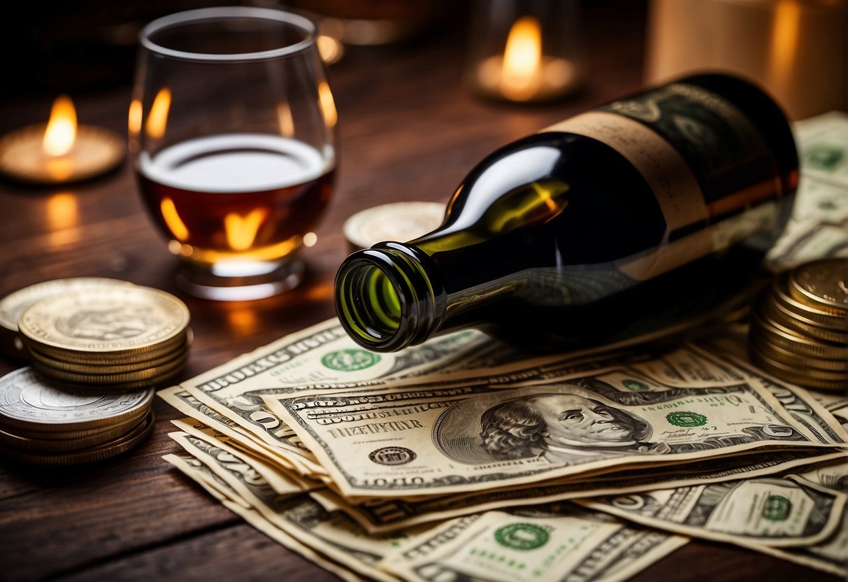 A wine bottle surrounded by financial charts and a stack of money, suggesting the potential profitability of investing in wine