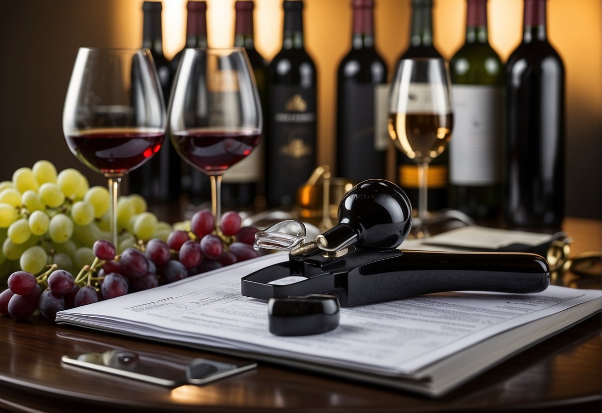 A table with various bottles of wine, a wine glass, and a wine opener. A stack of financial reports and charts next to the wine