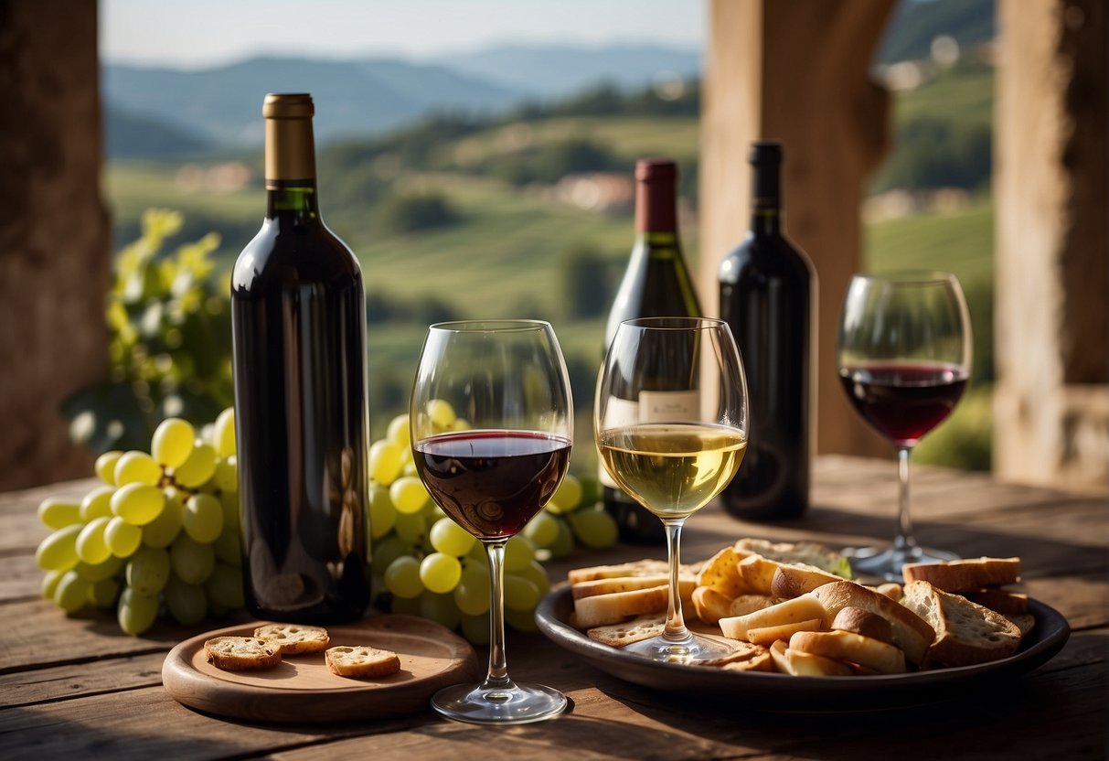 A table with various Italian wine bottles and glasses, surrounded by vineyard views and traditional Italian architecture