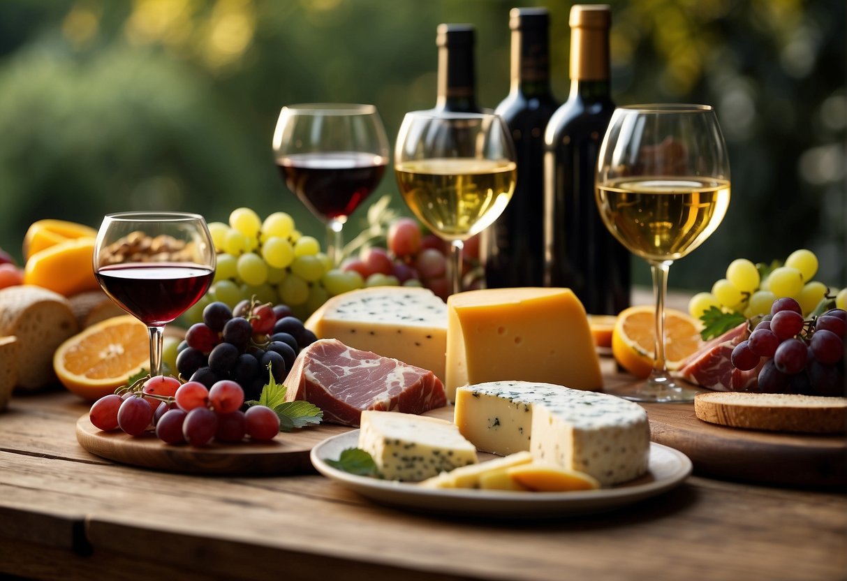 A table set with various Italian wine types paired with cheeses, meats, and fruits. Glasses and bottles arranged neatly