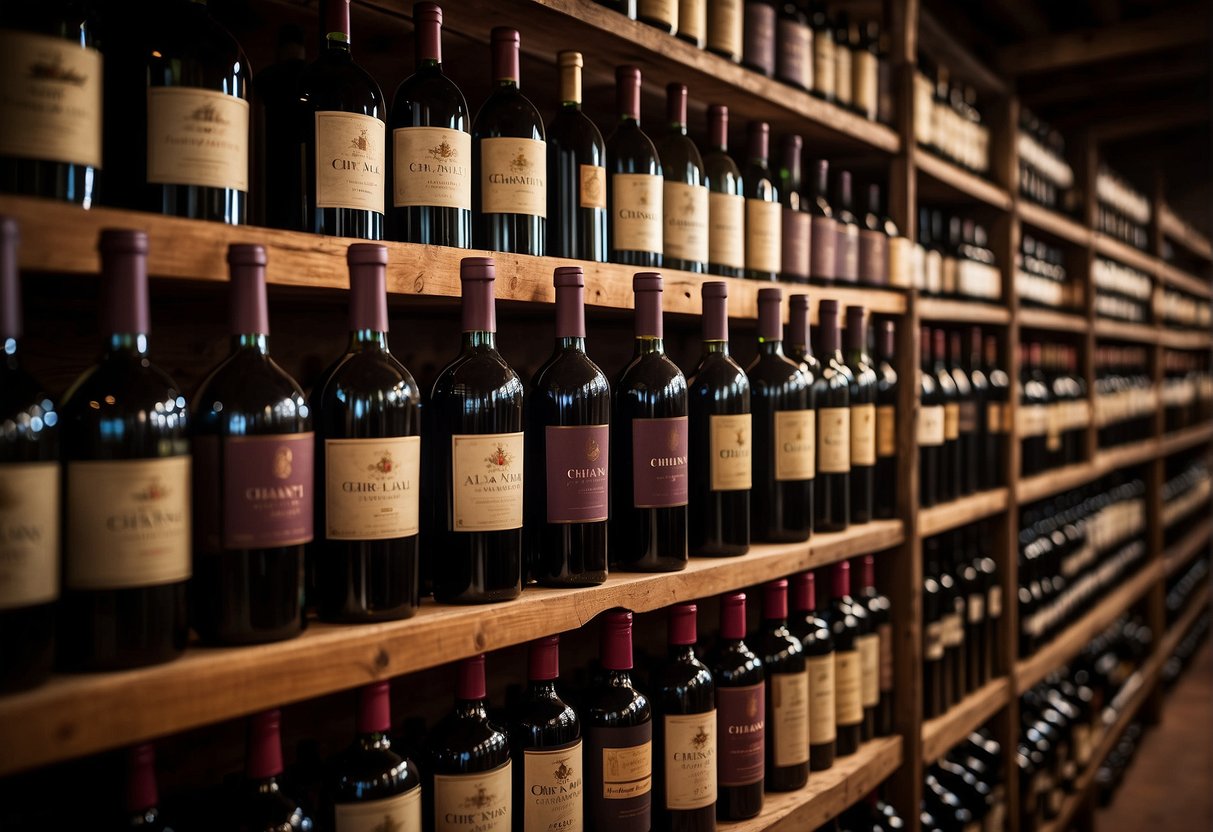 Italian wine bottles are neatly arranged on wooden shelves, surrounded by aging barrels. Labels indicate various Italian wine types such as Chianti, Barolo, and Amarone