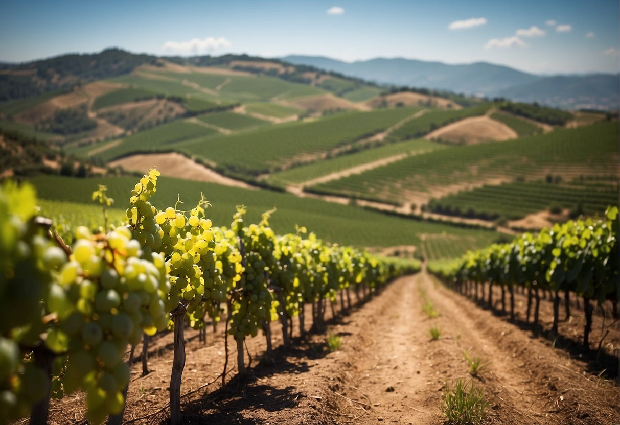 Lush vineyards sprawl across rolling hills, with modern solar panels and wind turbines dotting the landscape. Grapes of various Italian wine types thrive under the warm Mediterranean sun