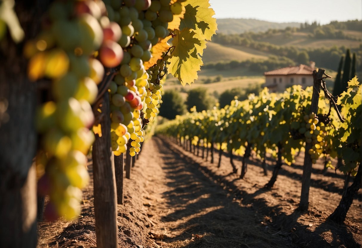 Vineyard with rolling hills, rows of grapevines, and a rustic Italian villa in the background. Sunlight glistening off the grapes