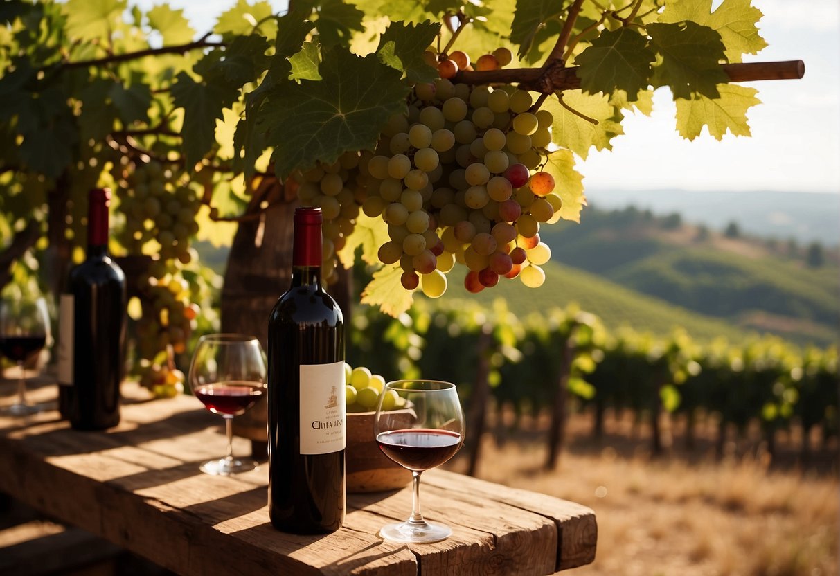 Vineyard hills overlook rustic villages. Grapes ripen under the Tuscan sun. Cellars hold barrels of Chianti and Montepulciano. Tourists sip wine on outdoor terraces