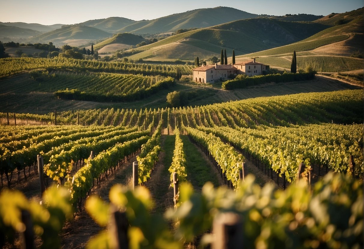 Vineyards stretching across rolling hills, with ancient wineries nestled in the countryside, showcasing the rich history and origins of Italian wine