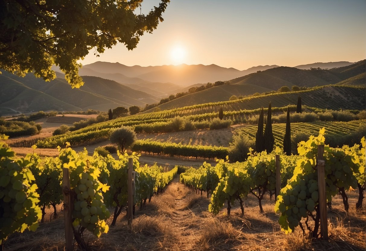 Rolling hills, vineyards, and a river winding through the landscape. A rustic farmhouse sits at the center, surrounded by grapevines and olive trees. The sun casts a warm glow over the scene