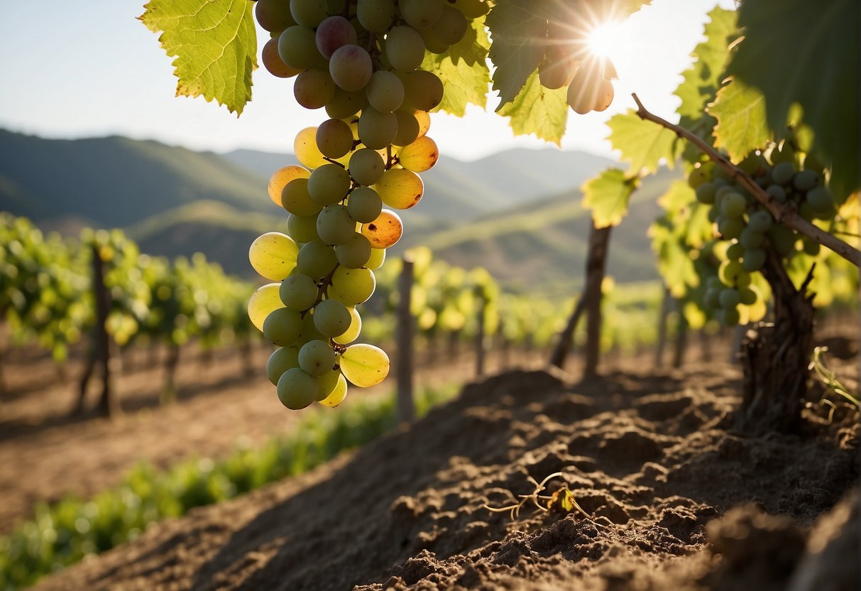 Lush vineyard with rolling hills, rich soil, and diverse flora. Sunlight filters through the leaves as a gentle breeze carries the scent of earth and grapes