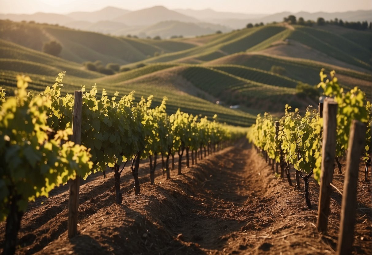 Lush vineyard on rolling hills, with rich soil and diverse flora, under a warm sun and cool breeze