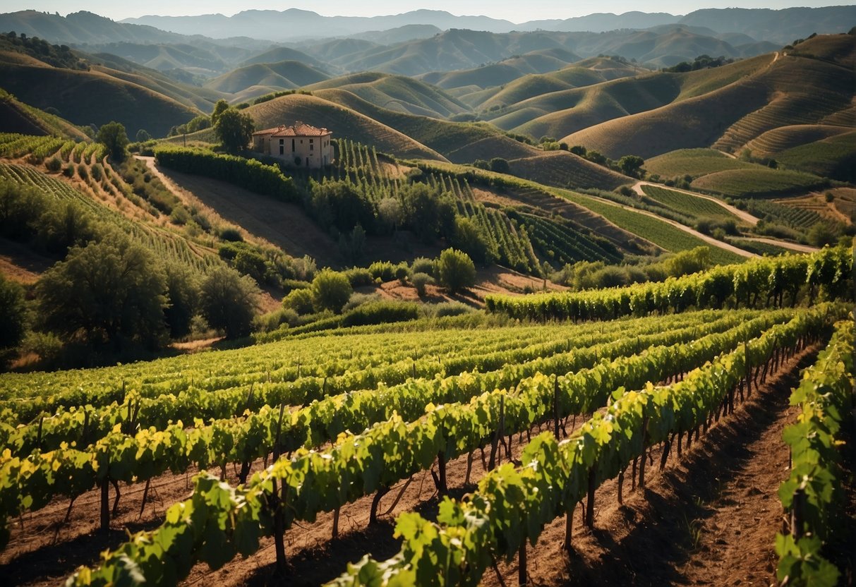 Lush vineyards sprawl across rolling hills, with grapevines basking in the warm sun. The rich soil and unique microclimate contribute to the terroir, shaping the flavors of the grapes