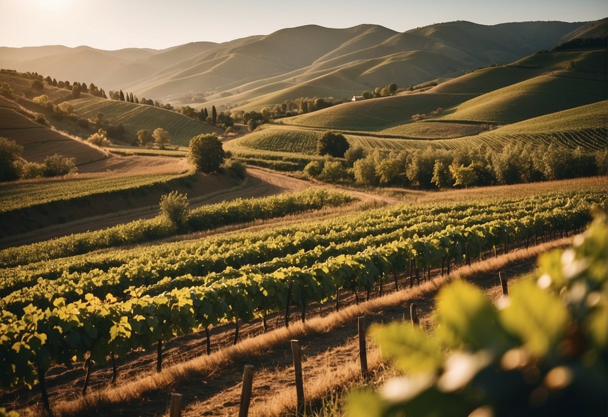 Rolling hills, vineyards, and a variety of crops growing in the rich soil. A river winds through the landscape, and a warm sun shines down on the unique terroir
