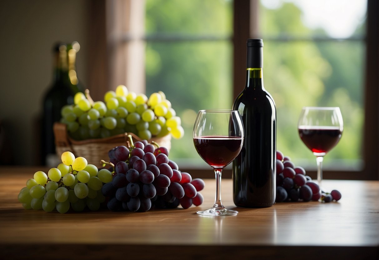 A table set with assorted glasses of sweet red wine varietals. A bottle and grapes in the background