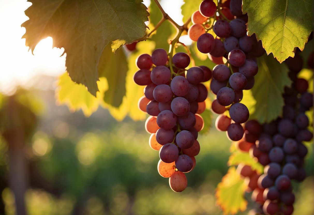 Luscious red grapes hang from the vine, bathed in golden sunlight, ready for harvest