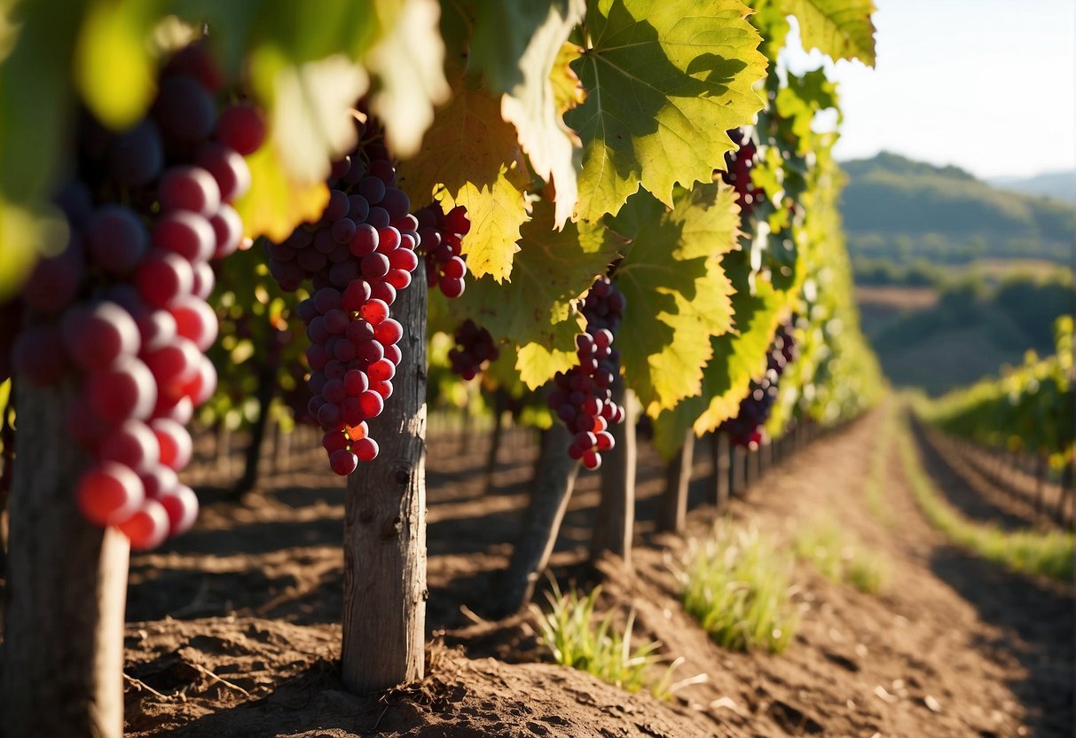 Rolling hills of vineyards, with rows of lush, ripe red grapes in the warm sunlight. A rustic winery with barrels and bottles, surrounded by grapevines