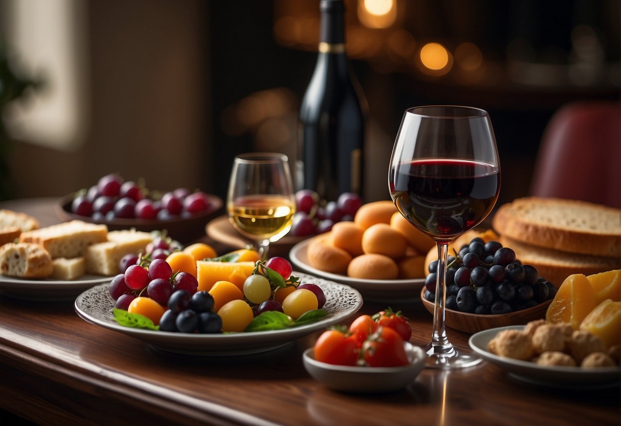 A table set with various sweet red wines and complementary foods