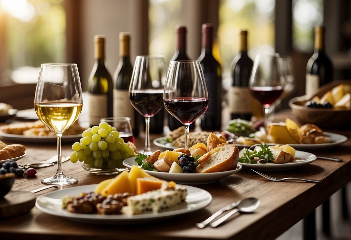 A table set with a variety of foods and wine glasses, each filled with a different type of wine. Labels indicate the wine's characteristics and suggested food pairings