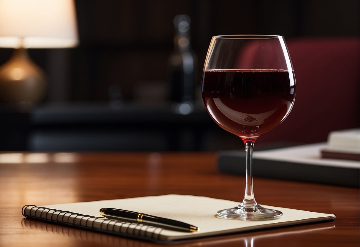 A wine glass sits on a table, filled with a deep red liquid. A notepad and pen lay beside it, ready for detailed sensory evaluation