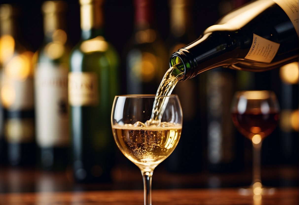 A wine bottle being poured into a glass, with a wine rack in the background showcasing various bottles of wine