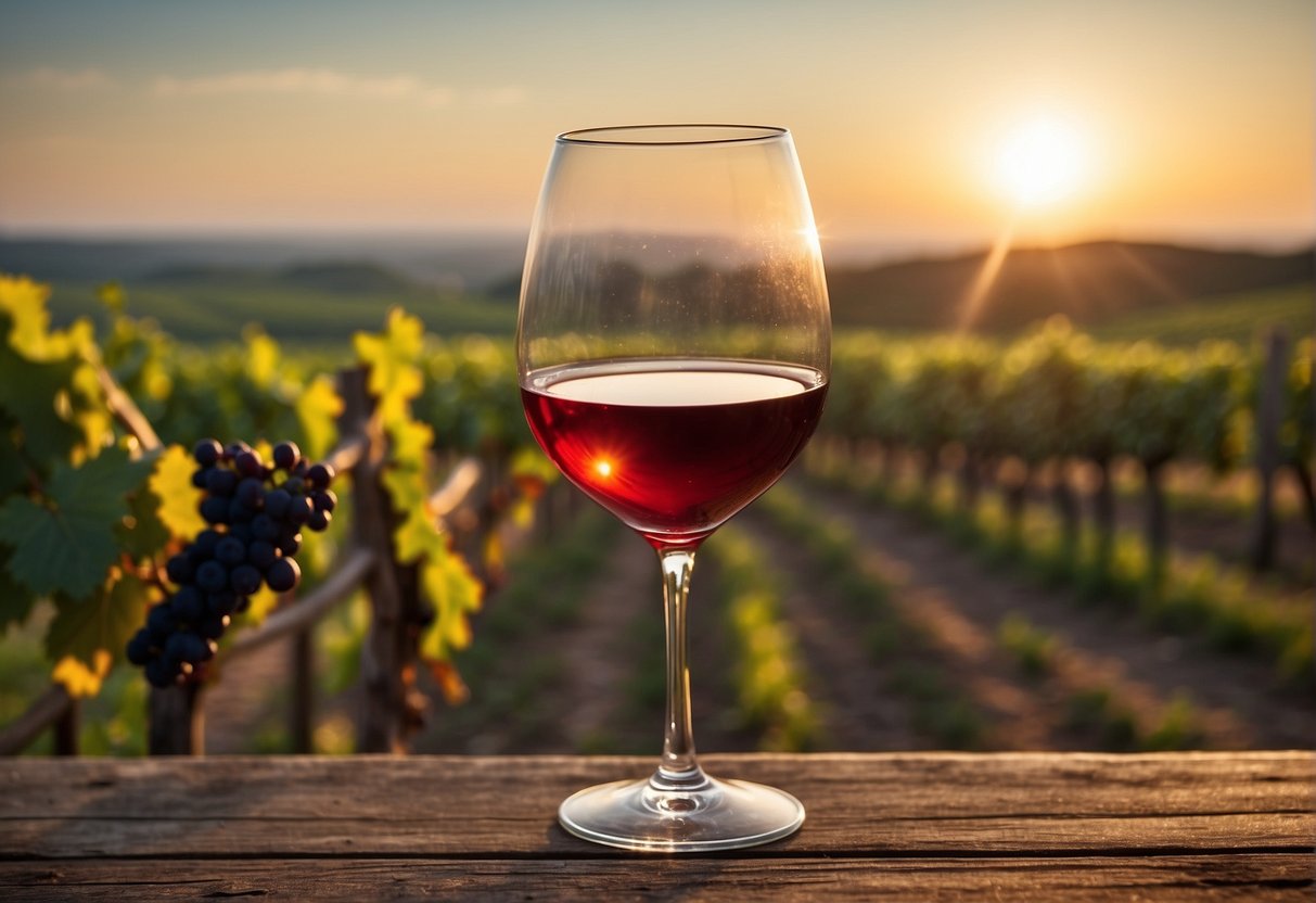 A wine glass sits on a rustic wooden table, surrounded by vineyard scenery. A gentle breeze carries the scent of grapes as the sun sets, casting a warm glow on the glass