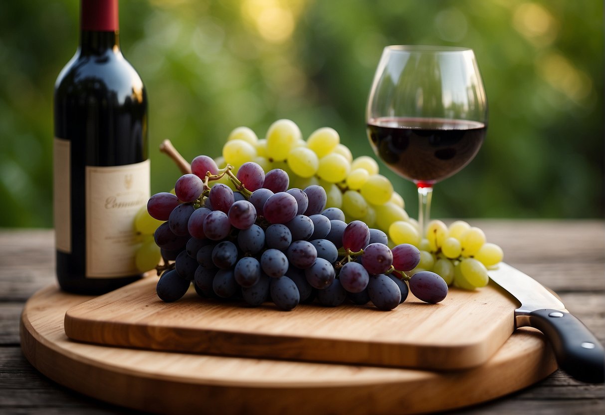 Ripe wine grapes arranged on a wooden cutting board with a knife beside them. A bowl of freshly picked grapes sits nearby