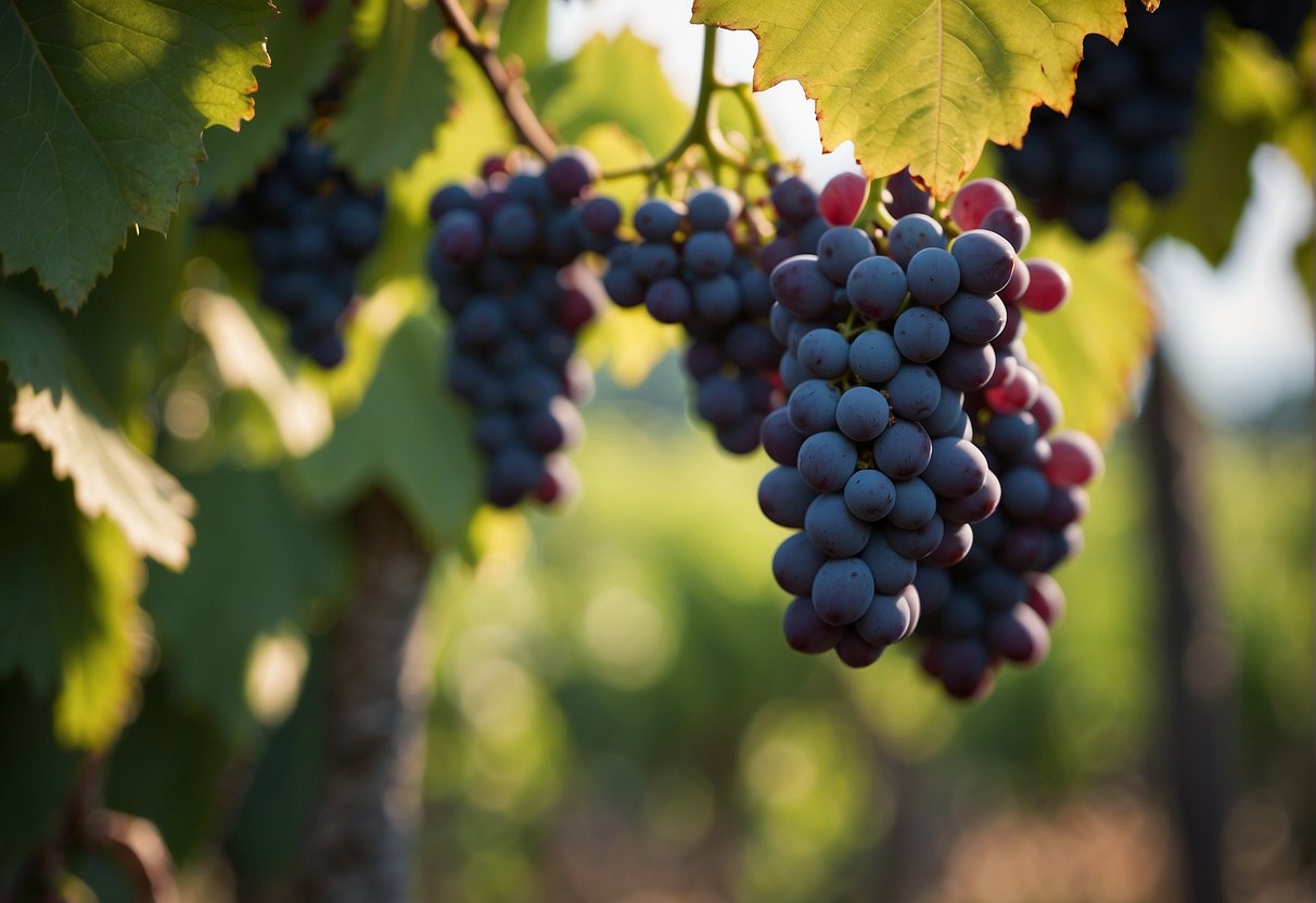 Ripe wine grapes hang from the vine, ready to be plucked and eaten