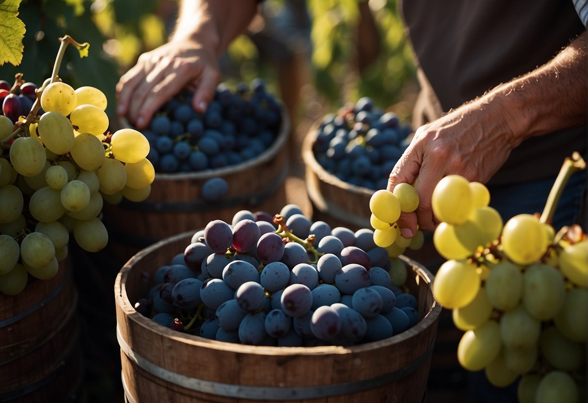 Ripe wine grapes being harvested and crushed, their juice fermenting in barrels, then bottled and aged in a cellar