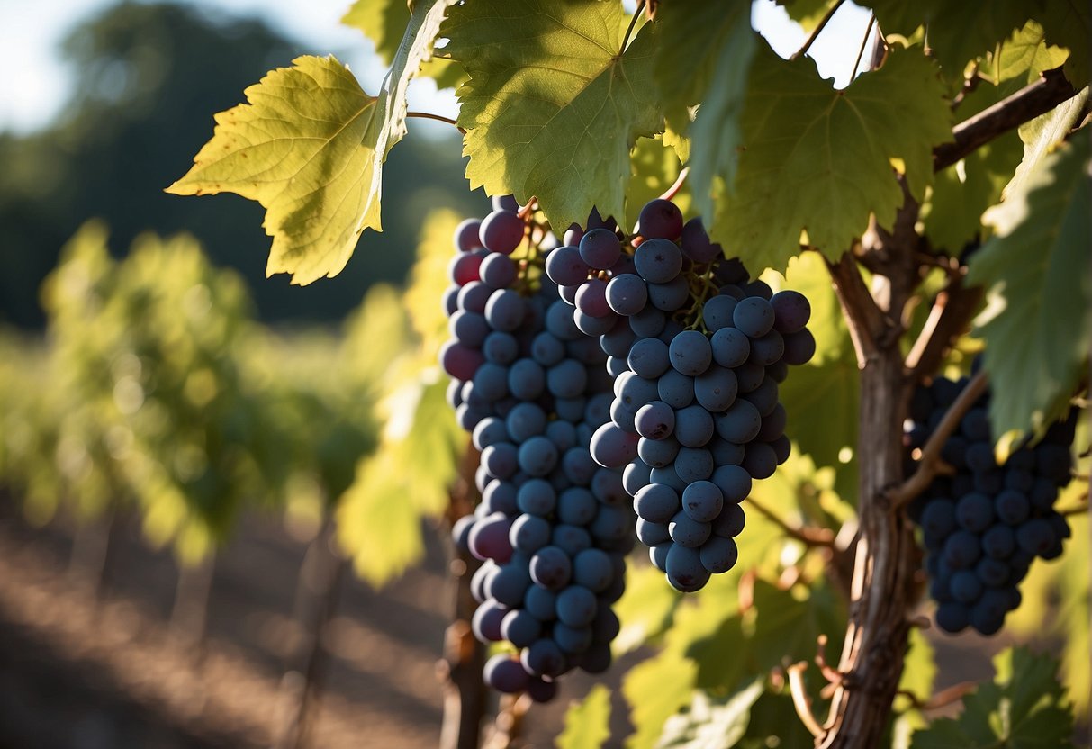 Lush vineyard with ripe wine grapes, surrounded by modern technology and market data