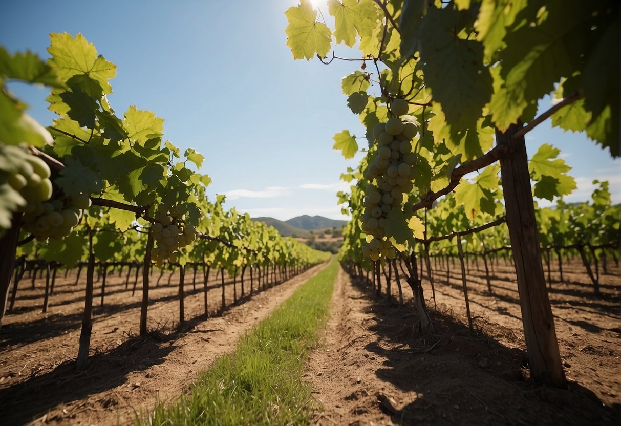 Lush vineyard with rows of grapevines, some bearing clusters of ripe grapes. Trellises and irrigation system visible